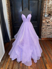 Simple Purple Tulle Sequin Long Prom Dresses, Purple Evening Dresses