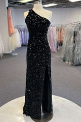 Black Sequin One-Shoulder Cutout Long Prom Dresses