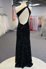 Black Sequin One-Shoulder Cutout Long Prom Dresses