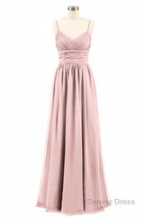 Dusty Pink Spaghetti Straps Banded Waist Long Bridesmaid Dress