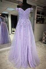 Lilac Off-the-Shoulder Appliques Tulle Long Prom Dresses with Slit