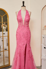 Pink Plunging Halter Appliques Mermaid Long Prom Dresses with Slit