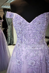 Lilac Off-the-Shoulder Appliques Tulle Long Prom Dresses with Slit