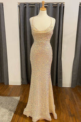 Iridescent Sequin Cowl Neck Mermaid Long Prom Dresses