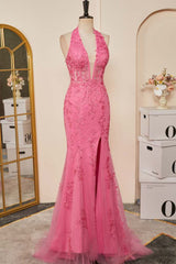 Pink Plunging Halter Appliques Mermaid Long Prom Dresses with Slit