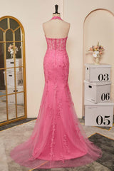 Pink Plunging Halter Appliques Mermaid Long Prom Dresses with Slit