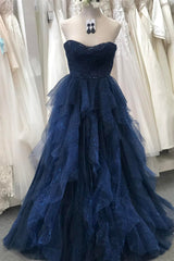 Sparkly Navy Blue Strapless Ruffle Layers Tulle Long Prom Dresses