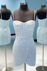 Light Blue Sequin Straps Bodycon Short Homecoming Dresses