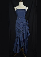 Dark Blue Vintage Floral Elegant Dresses Asymmetrical Hem Prom Gown