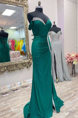 Asymmetrical Green Beaded Mermaid Long Prom Dress with Slit