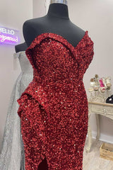 Asymmetrical Burgundy Sequin Strapless Mermaid Long Prom Dresses with Slit