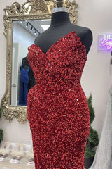 Asymmetrical Burgundy Sequin Strapless Mermaid Long Prom Dresses with Slit