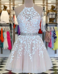 A-Line Pink Tulle Short Party Dresses With Appliques