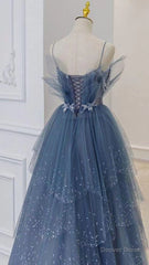 Shiny Tulle A-Line Spaghetti Straps Blue Prom Dresses Party Gowns Evening Dress