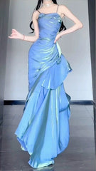 Blue Satin Long Straps Prom Dresses Wine Red A-line Party Dresses