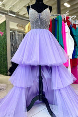 High-Low Lavender Beaded Multi-Tiered Prom Dresses