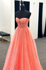 Coral Tulle Strapless A-Line Long Prom Dresses