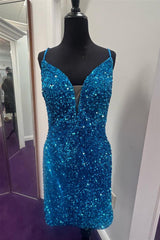 Blue Plunging V Neck Lace-Up Sequins Sheath Homecoming Dresses