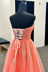 Coral Tulle Strapless A-Line Long Prom Dresses