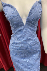 Periwinkle Appliques Plunge V Lace-Up Homecoming Dresses