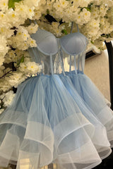 Light Blue A-line Illusion Tulle Homecoming Dresses