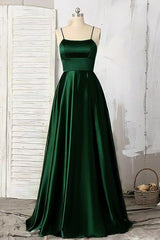 Emerald Green Prom Dresses, Strappy Back Slit Simple Satin Prom Dresses