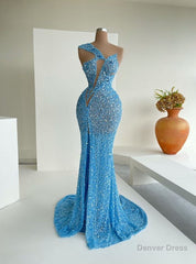 Ocean Blue Sequins One-Shoulder Mermaid Long Prom Dress With Split