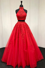 Elegant High Neck Two Piece Red Long Prom Dresses