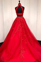 Elegant High Neck Two Piece Red Long Prom Dresses