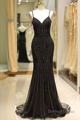 Mermaid Spaghetti Strap Black Beading Long Prom Dress