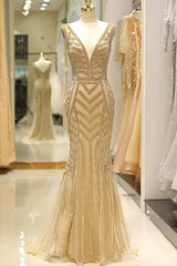 Elegant Mermaid Deep V Neck Gold Beaded Long Prom Dresses