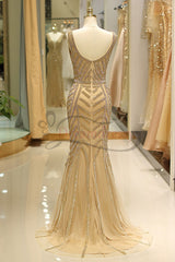 Elegant Mermaid Deep V Neck Gold Beaded Long Prom Dresses