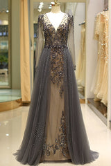 Long Sleeve Grey Beaded Long Prom Dresses