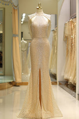 Luxurious High Neck Dubai Gold Long Evening Dresses