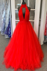 Halter Ruched Long Red Prom Dresses with Open Back