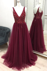 V-Neck Beaded Long Tulle Burgundy Prom Dresses