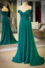 Off the Shoulder A-Line Chiffon Emerald Green Prom Dresses