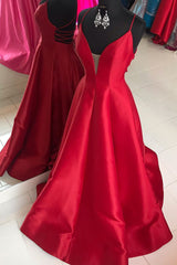 Red Satin Long Prom Dresses with Cross Back