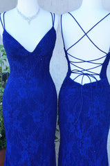 Elegant Straps Royal Blue Lace Long Prom Dresses