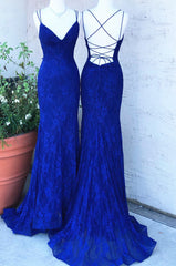 Elegant Straps Royal Blue Lace Long Prom Dresses