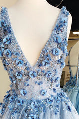 Princess Light Blue Beaded Long Prom Dresses with Appliques