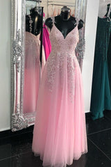 Princess Pink Tulle Long Prom Dresses with Appliques