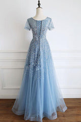 Elegant Cap Sleeves Blue Long Prom Dresses with Lace-up Back