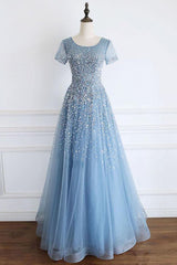 Elegant Cap Sleeves Blue Long Prom Dresses with Lace-up Back