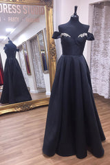 Off Shoulder A-Line Black Long Prom Dresses with Beading Top