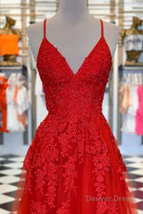 Elegant V Neck A-Line Red Appliqued Long Prom Dress