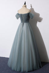 Off the Shoulder Grey Tulle Prom Dresses