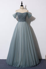 Off the Shoulder Grey Tulle Prom Dresses