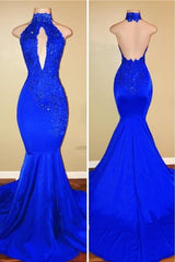 Elegant Mermaid High Neck Royal Blue Long Prom Dresses