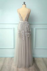 A-line Low V-Back Grey Bridesmaid Dresses with Lace